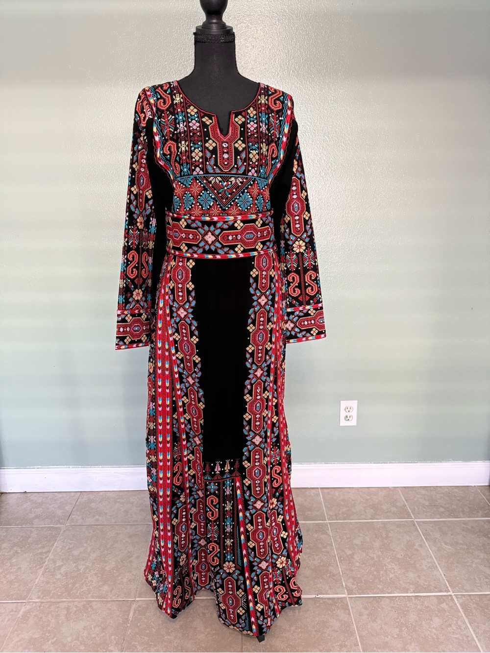 Boho Embroidered Long Sleeve Maxi Dress in Red & Black